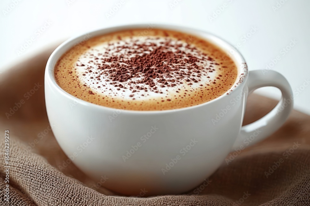 Close-up of a white cup filled with frothy cappuccino topped with sprinkle of cocoa powder on a brown textured cloth Close-up of a white cup filled with frothy cappuccino topped with sprinkle of cocoa powder on a brown textured cloth