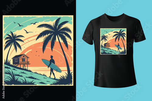 Colorful summer t-shirts on display at a vibrant store during sunny days.	
