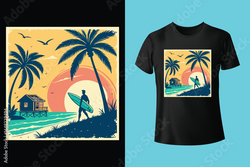 Colorful summer t-shirts on display at a vibrant store during sunny days.	