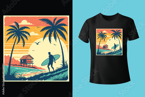 Colorful summer t-shirts on display at a vibrant store during sunny days.	