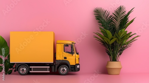 Yellow Delivery Truck Model on Pink Background with Plants