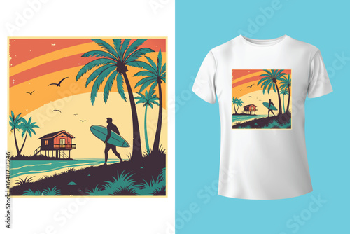 Colorful summer t-shirts on display at a vibrant store during sunny days.	