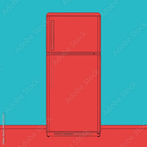 vector of a red refrigerator in a modern kitchen setting, representing appliances, food storage, and home life.