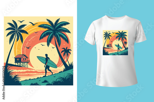 Colorful summer t-shirts on display at a vibrant store during sunny days.	