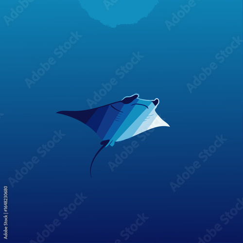 vector of a majestic manta ray swimming gracefully in deep blue ocean water, perfect for marine life, oceanography, diving, or aquatic ecosystem themes.