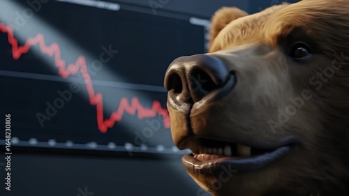 Bear market roaring with scary financial losses in volatile stock market downturn animation