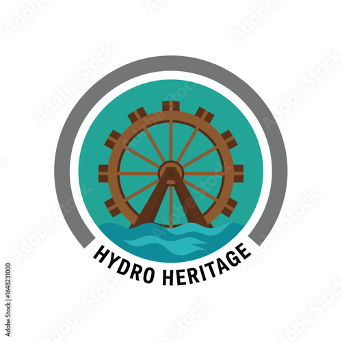 vector of a wooden water wheel with water waves, enclosed in a circular badge with 