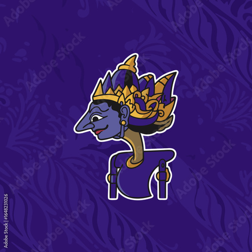 vector of a traditional Indonesian Wayang Kulit puppet character with an ornate headdress, set against a purple patterned background, symbolizing Javanese cultural heritage.