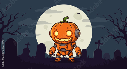 An adorable mecha pumpkin robot stands ready for Halloween, bringing a unique blend of cute charm and futuristic fun to the spooky night.