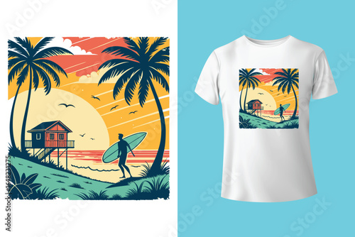 Colorful summer t-shirts on display at a vibrant store during sunny days.	