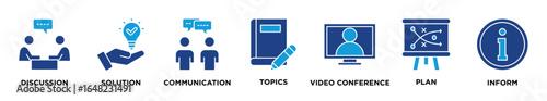 Meeting concept icon illustration contain discussion, solutions, communication, topics, video conference, plan and inform