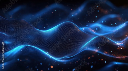 Abstract blue glowing wave with particle effects floating in dark space creating a futuristic and flowing digital energy sensation