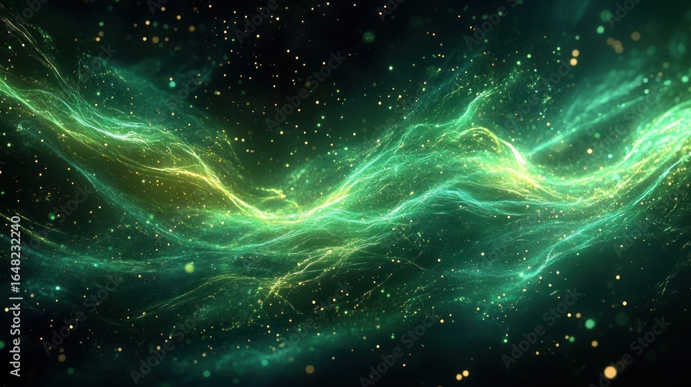Abstract flowing green and yellow light waves with sparkling particles in a dark cosmic background conveying a sense of energy and movement Abstract flowing green and yellow light waves with sparkling particles in a dark cosmic background conveying a sense of energy and movement