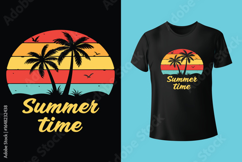 Colorful summer t-shirts on display at a vibrant store during sunny days.	