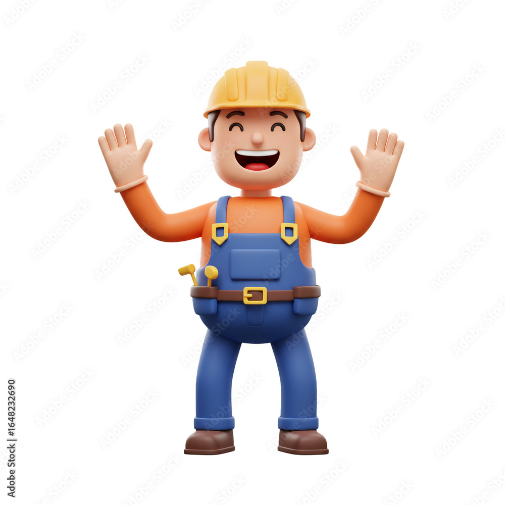Cheerful cartoon construction worker with arms raised in a welcoming gesture, radiating happiness and positivity in a vibrant illustration. Cheerful cartoon construction worker with arms raised in a welcoming gesture, radiating happiness and positivity in a vibrant illustration.