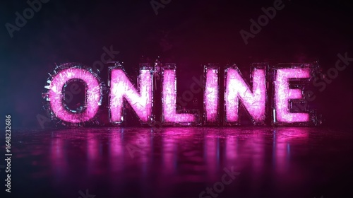 Glowing pink neon word ONLINE with shattered glass effect on dark reflective surface creating futuristic and digital atmosphere