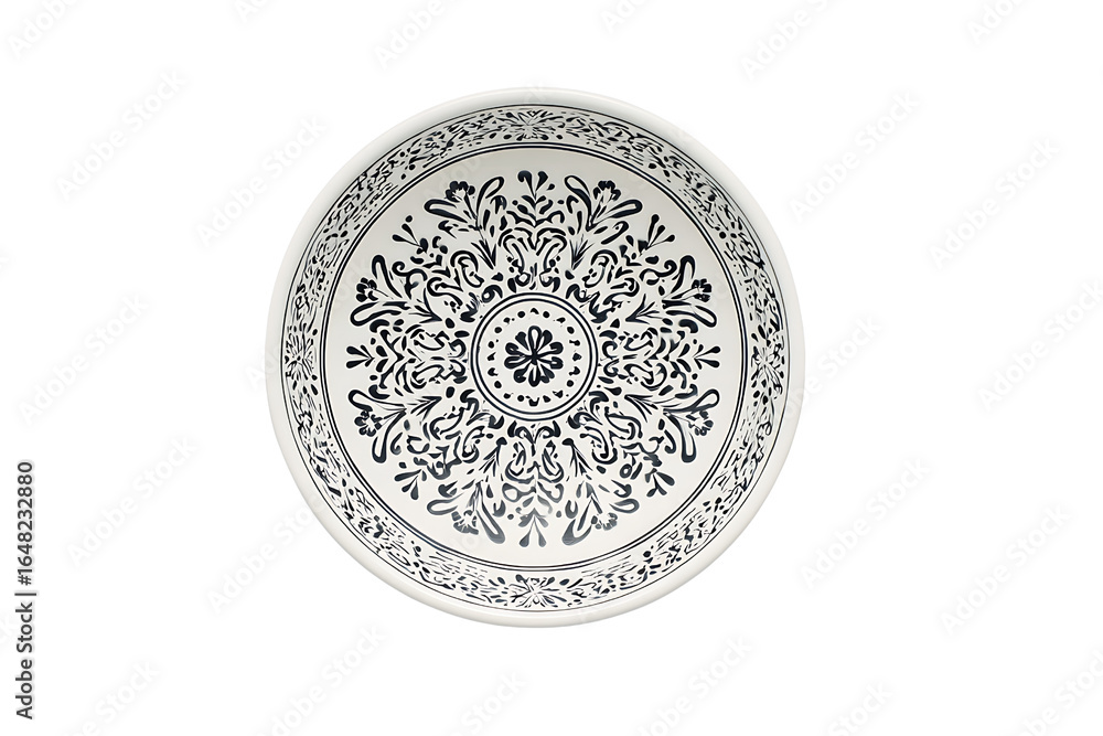 Fototapeta premium Elegant Round Ceramic Plate with Intricate Black and White Floral Patterns and Decorative Edge Design