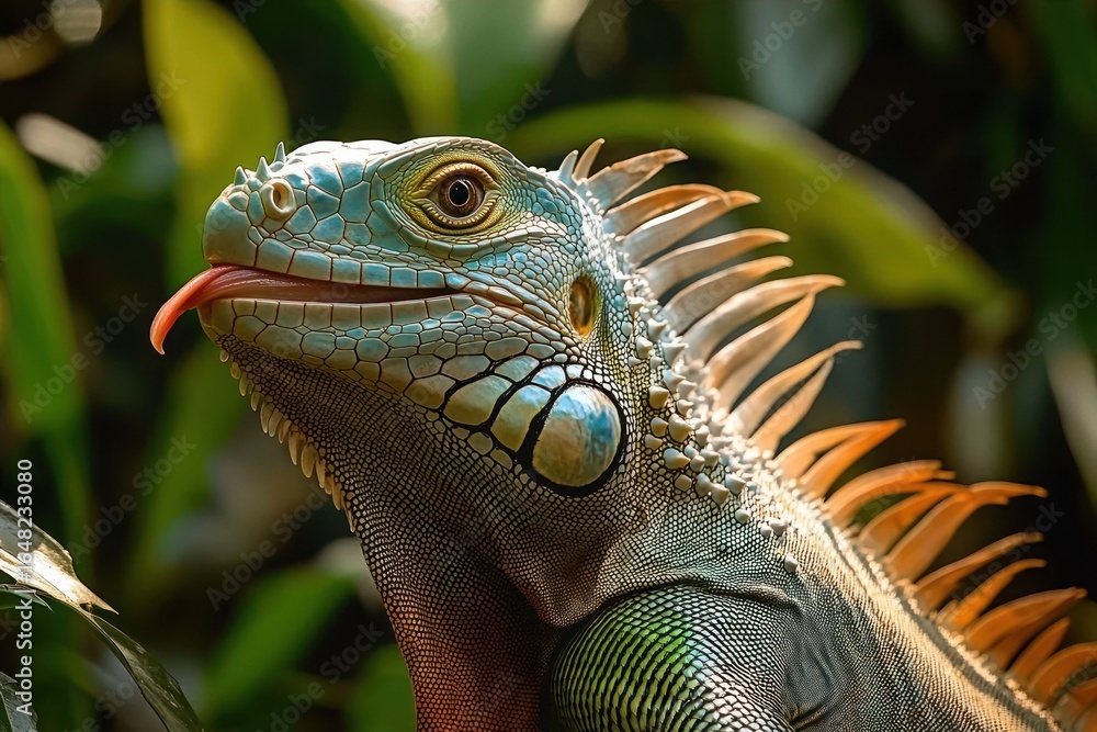 Fototapeta premium Close-up of a vibrant green iguana with detailed textured scales and spines, flicking its tongue out against a blurred natural leafy background