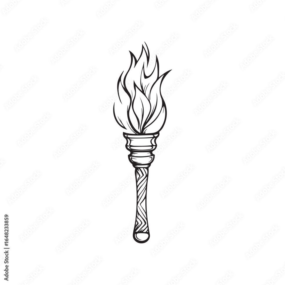 Set of torch vector icons in flat design style. Includes various types of torches with flames, handheld fire torches, Olympic-style torches, and symbolic fire icons