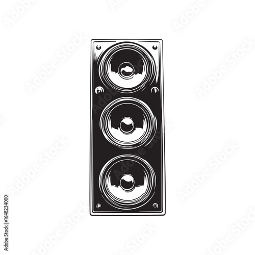 Vector illustration of a sound system setup including loudspeakers, subwoofers, and audio equipment isolated on a white background