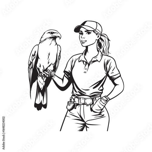 Vector illustration of a female bird handler with a bird perched on her hand.  isolated on a white background