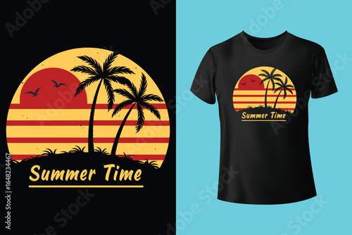 Colorful summer t-shirts on display at a vibrant store during sunny days.	
