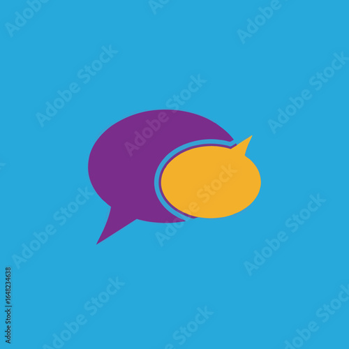 vector of two overlapping speech bubbles, representing communication, chat, dialogue, and social interaction, in purple and yellow on a blue background.