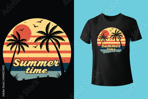 Colorful summer t-shirts on display at a vibrant store during sunny days.	