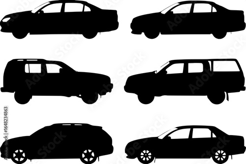 "Automotive silhouette collection in side profile: coupe, convertible, sedan, SUV, minivan, and pickup, pure black shapes on white, evenly spaced."