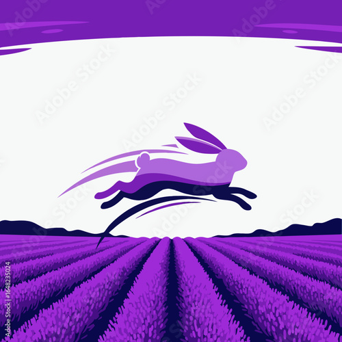 vector of a stylized purple rabbit running swiftly across a vibrant lavender field, embodying speed, nature, and peaceful landscapes.