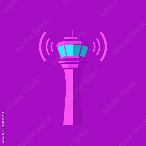 vector of an air traffic control tower emitting signal waves, symbolizing aviation, communication, and airport operations, with a vibrant pink and blue color scheme.
