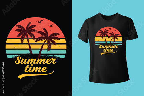 Colorful summer t-shirts on display at a vibrant store during sunny days.	