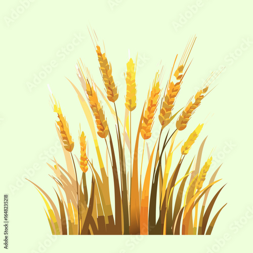 Ripe Golden Wheat Ears on a Light Green Background, Isolated Vector Illustration
