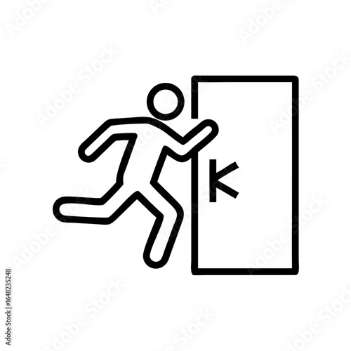 A simple, stark icon presents an urgent egress through the door, embodying action.  It can represent escape.