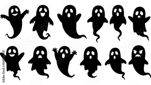 Halloween ghost black silhouette set.halloween cartoon ghost black symbol.