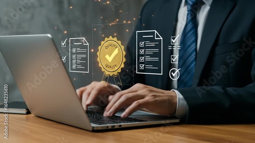Achieving Quality Excellence: Businessman Using Laptop for Quality Control, Compliance, and Standards Verification, Ensuring Product and Service Assurance