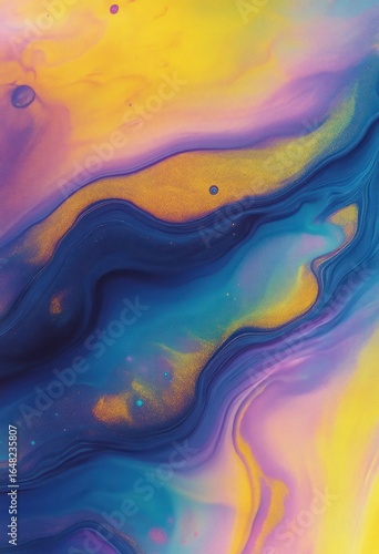 Wallpaper Mural Abstract swirling fluid pattern blending vibrant yellow, blue, purple, and pink colors with shimmering golden accents creating a dynamic and mesmerizing visual flow Torontodigital.ca