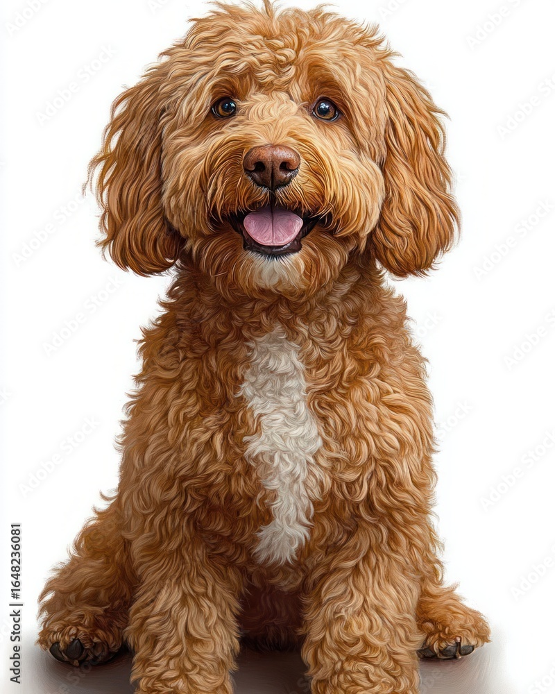 Fototapeta premium Portrait of a happy curly-haired dog with a brown and white coat sitting and looking directly at the camera with its tongue out