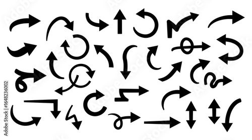 A collection of various black arrow silhouettes vector.