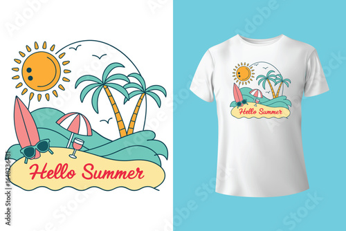 Colorful summer t-shirts on display at a vibrant store during sunny days.	
