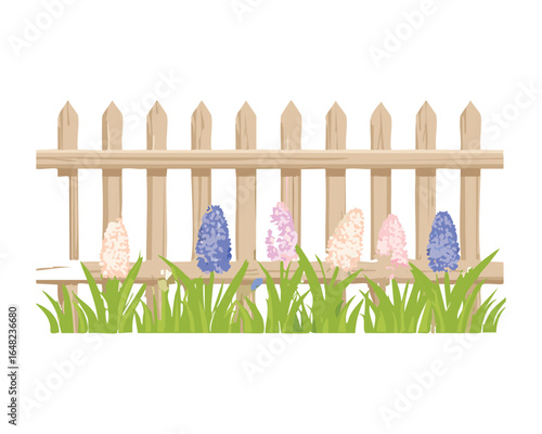 Classic wooden picket fence with colorful spring floral display