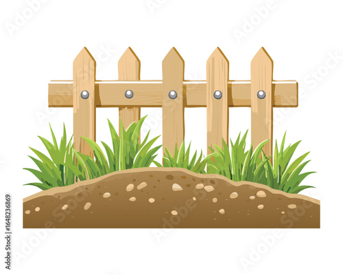 A Wooden Picket Fence with a Dirt Mound and Green Grass Vector Art