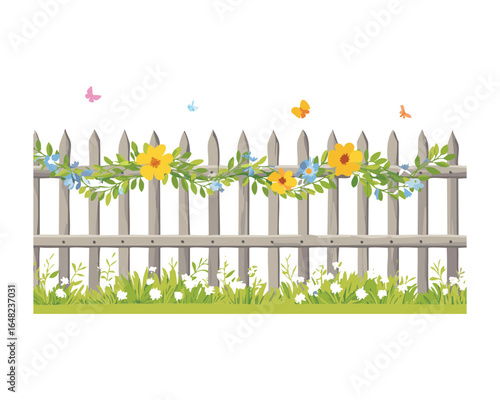 Grey Picket Fence with a Flower Garland and Blue Sky