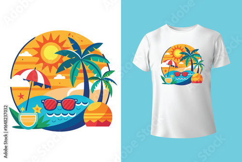 Colorful summer t-shirts on display at a vibrant store during sunny days.	