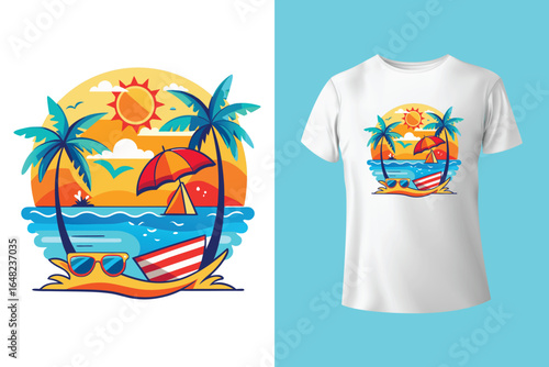 Colorful summer t-shirts on display at a vibrant store during sunny days.	