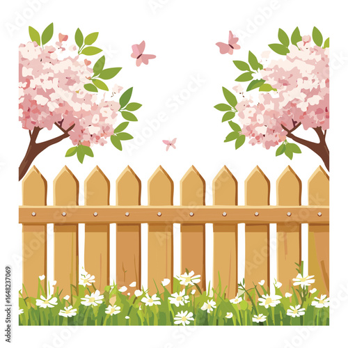 Picket Fence with Spring Flowers and Butterflies