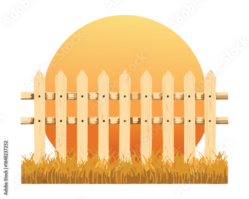A vector drawing of a picket fence with a bright orange stylized sun.