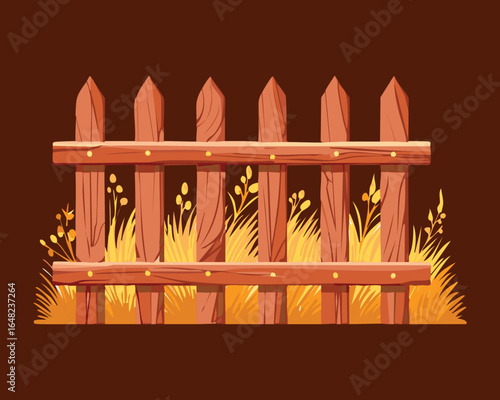 An illustration of a rustic picket fence surrounded by dry wheat spikes.