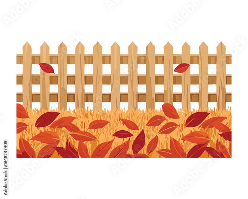 Autumn Background Scene with a White Fence and Leaves