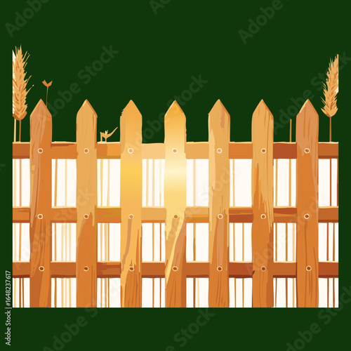 A whimsical cartoon-style illustration of a simple brown wooden picket fence against a rich, dark green background, creating a bold and minimalist landscape